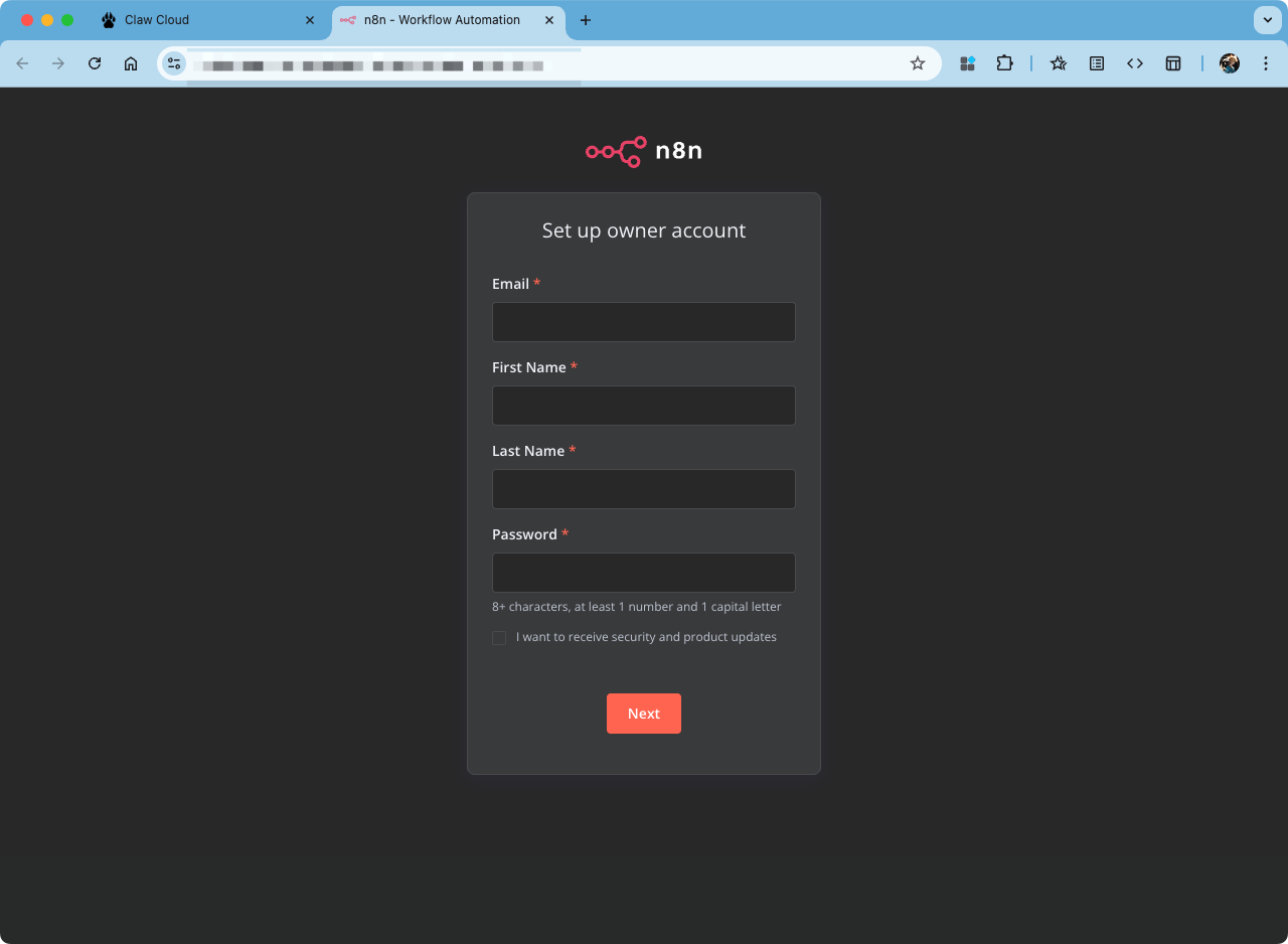 n8n initial admin account setup